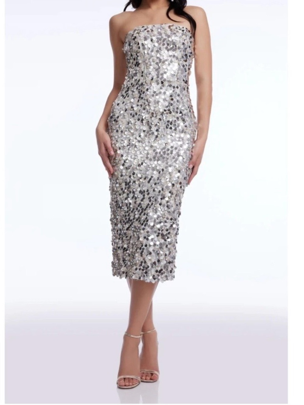 Strapless Silver Sequin Midi Dress